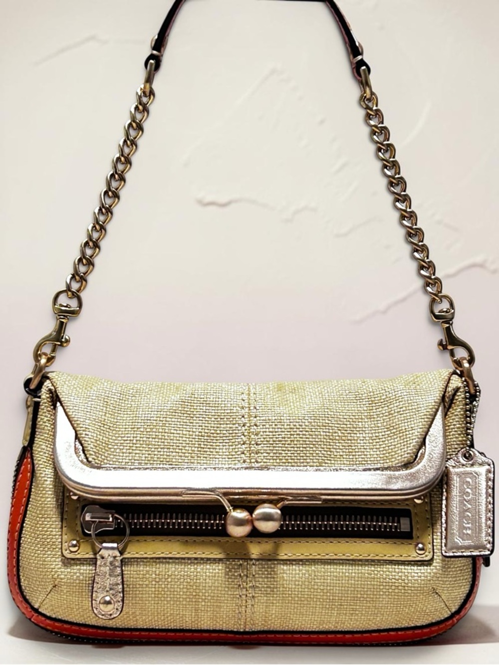 COACH Y2K  Bonnie Kiss Lock Frame Fold Over Straw w/Leather Trim  Demi Bag